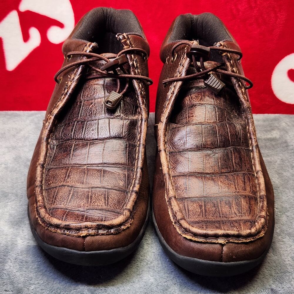 Roper Mens 10.5 Brown Leather Croc Embossed Casual Comfort Shoes Slip On Lace...